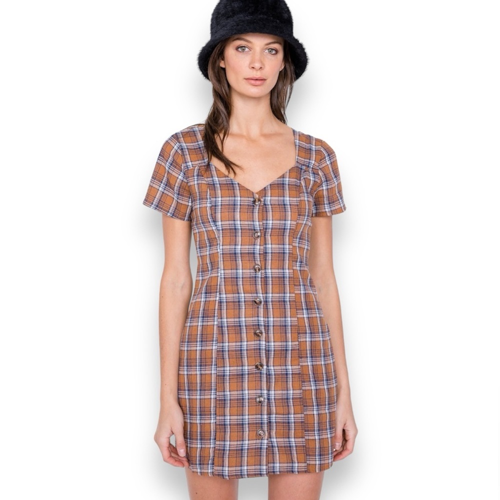 Lelis - Brown Multi Checkered Stripe Open Back Vintage Mini Dress Size S